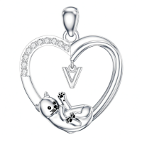 wholesale 925 Sterling Silver Stone Cat Heart Necklace w Initial 26 Alphabets Gift-V Without Chain