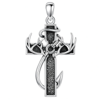wholesale 925 Sterling Silver Deer Antler Cross Pendant Necklace for Men Hunting s-2-01-Cross Antler Fish Hook Without Chain
