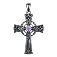 wholesale 925 Sterling Silver Garnet Celtic Cross Necklace for Men 22 +2 Chain-Black-June Without Chain