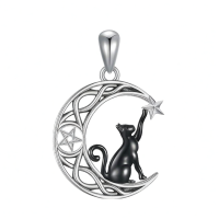 wholesale 925 Sterling Silver Crescent Moon Cat Pendant Necklace-Black cat star Without Chain
