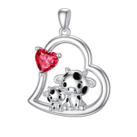 wholesale 925 Sterling Silver Mom Heart Shape Animal Pendant Necklaces for Women Girls Family Love Gift-05-07-Cow-July Without Chain