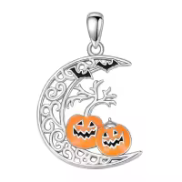 wholesale 925 Sterling Silver Crescent Moon with Pumpkins and Bats Pendant Necklace - Halloween s for Women-Pumpkin Without Chain