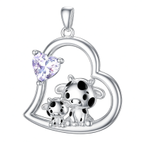 wholesale 925 Sterling Silver Mom Heart Shape Animal Pendant Necklaces for Women Girls Family Love Gift-05-06-Cow-June Without Chain