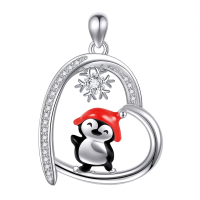 wholesale 925 Sterling Silver Penguin Snowflake Heart-Shaped Pendant Necklace for Women and Girls-Penguin Without Chain