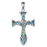wholesale 925 Sterling Silver Blue Opal Inlay Celtic Knot Cross Pendant Necklace Religious s for Women and Men-rose flower Without Chain