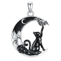 wholesale 925 Sterling Silver Crescent Moon Black Cat and Bat Necklace Pendant-Cat&Bat Without Chain