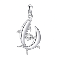 wholesale 925 Sterling Silver Double Dolphin Heart Cubic Zirconia Platinum Plated Pendant Necklace-Dolphin Necklace Without Chain