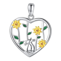 wholesale 925 Sterling Silver Heart-Shaped Cat & Sunflowers Pendant Necklace for Women and Girls-B-Sunflower Cat Necklace Without Chain