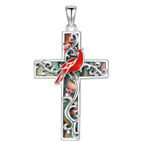 wholesale 925 Sterling Silver Cross Pendant With Abalone Shell And Gold Accents-Red Cardinal Without Chain