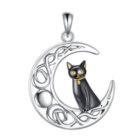 wholesale Sterling Silver Black Cat Crescent Moon Celtic Knot Pendant Necklace For Women-Black Cat Moon Necklace Without Chain