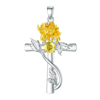 wholesale 925 Sterling Silver Cross Pendant With Red Gemstone And Lily Design-11-November-Chrysanthemum Without Chain