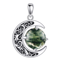 wholesale 925 Sterling Silver Green Moss Agate Crescent Moon Filigree Pendant Necklace for Women-moss agate Without Chain