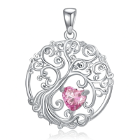 wholesale 925 Sterling Silver Heart Moonstone Tree Of Life Pendant Necklace-10-Oct-Pink Without Chain