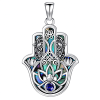 wholesale 925 Sterling Silver Hamsa Hand Pendant With Abalone Shell And Blue Gemstone-Hamsa Evil Eye Without Chain