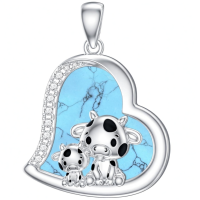 wholesale 925 Sterling Silver Mom Heart Shape Animal Pendant Necklaces for Women Girls Family Love Gift-05-14-Cow-Turquoise Without Chain