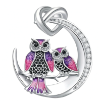 wholesale 925 Sterling Silver Purple Enamel Double Owls Love Knot Pendant Necklace for Women-Moon Owl Without Chain