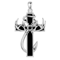 wholesale 925 Sterling Silver Black Enamel Deer Antlers Cross Pendant Necklace with Stainless steel chain for Men -2-05-Black Onyx Without Chain