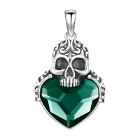wholesale 925 Sterling Silver Green Heart Pirate Skull Pendant Gothic Necklace for Women and Men-Skull Necklace - Green Crystal Without Chain