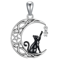 wholesale 925 Sterling Silver Cat Moon Pendant Necklace-Black cat fish Without Chain