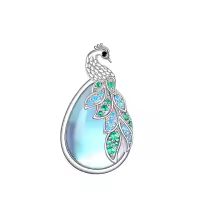 wholesale 925 Sterling Silver Blue Moonstone & Green Crystal Peacock Pendant Necklace for Women-peacock 1 Without Chain