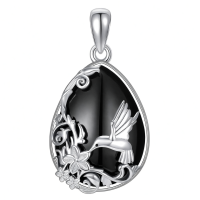 wholesale 925 Sterling Silver Hummingbird & Flower Design Black Onyx and White Topaz Gemstones Pendant Necklaces for Women s 43cm Chain Length-Black Onyx Hummingbird Without Chain