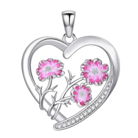 wholesale 925 Sterling Silver Heart Pendant With Pink Flowers And Cz Stones Necklace-10-October-Cosmos Without Chain