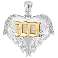 wholesale 925 Sterling Silver Angel Number 333 Heart Wings Pendant Necklace with Cubic Zirconia and Gold Plating on White Background-333 Without Chain