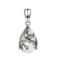 wholesale 925 Sterling Silver Teardrop Moss Agate Pendant Necklace with Chain - Length: Adjustable from 46cm to 73cm-pear cut Without Chain