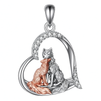 wholesale 925 Sterling Silver Heart Shaped Kitsune Fox Pendant Necklace with Rose Gold Accents and Cubic Zirconia Stones for Women Girls  43cm Chain Length-Fox necklace Without Chain