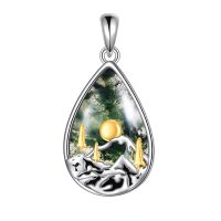 wholesale 925 Sterling Silver Moss Agate Stone Mountain Pendant Necklace for Women Skiing Camping Gifts-Moss Agate Mountain Without Chain