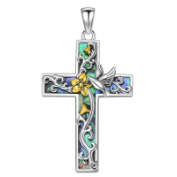wholesale 925 Sterling Silver Cross Pendant Necklace With Abalone Shell Hummingbird Flower Design-Hummingbird Without Chain