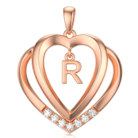 wholesale 925 Sterling Silver Moissanite Heart Initial Pendant Necklace for Her-Rose Gold - R Initial Without Chain