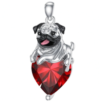 wholesale 925 Sterling Silver Happy Hugging Dog Heart Shape Blue Crystals Pendant Necklace-01-Jan-Garnet Without Chain