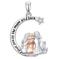 wholesale 925 Sterling Silver Moon Pendant Necklace With Engraved Message And Dual-tone Figures-Moon 3 Sisters Necklace Without Chain