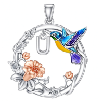 wholesale 925 Sterling Silver Hummingbird & Flower Initial U Pendant Necklaces for Women Girls Alphabet Letter s (U)-U Without Chain