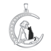 wholesale 925 Sterling Silver Moon & Girl with Black Cat Pendant Necklace for Women-Cat-2 Without Chain