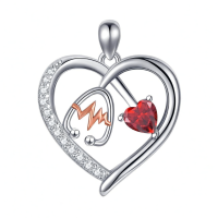 wholesale 925 Sterling Silver Gemstone Heart Stethoscope Pendant Necklace for Women-A1:January-Garnet Without Chain