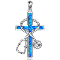 wholesale 925 Sterling Silver Blue Created Opal Cross Stethoscope Pendant Necklace for Nurses Gifts-1-Stethoscope-Blue Opal Without Chain