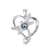 wholesale 925 Sterling Silver Heart Pendant With Engraved Love And Crystal Bee-F-Dragonfly+Photo Fill-F-Dragonfly+Photo Without Chain