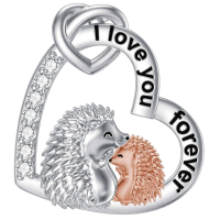 wholesale 925 Sterling Silver Hedgehog Lovers Pendant With Rhinestones And Engraved Love Message-02-Mother Daughter Hedgehog Necklace Without Chain