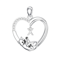 wholesale 925 Sterling Silver Stone Cat Heart Necklace w Initial 26 Alphabets Gift-X Without Chain