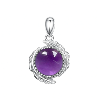 wholesale 925 Sterling Silver Purple Amethyst Round Pendant with Leaf Design Chain Necklace for Women-Amethyst Without Chain