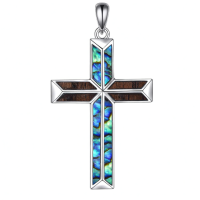 wholesale 925 Sterling Silver Cross Pendant With Blue And Brown Inlay-Cross Wooden & Abalone Shell Without Chain