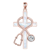 wholesale 925 Sterling Silver Cross with Stethoscope and Blue Crystal Pendant Necklace for Nurses-1-Stethoscope-White Opal-Rose Gold Plated Without Chain
