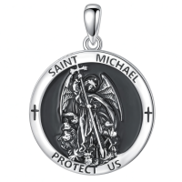 wholesale 925 Sterling Silver Saint Michael Pendant Necklace  with Black Enamel and Crosses-A5.Saint Michael(round oxidized) Without Chain