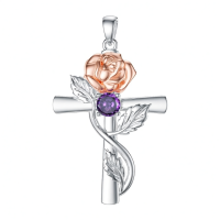 wholesale 925 Sterling Silver Cross Pendant With Red Gemstone And Lily Design-6-June-Rose Without Chain