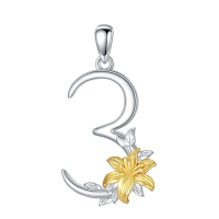 wholesale 925 Sterling Silver Gold Plated Lily Flower Pendant Necklace w/Number 2 Luck Charm-Number 3 Without Chain