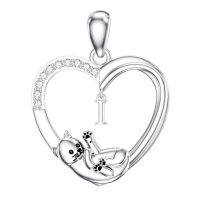 wholesale 925 Sterling Silver Stone Cat Heart Necklace w Initial 26 Alphabets Gift-I Without Chain
