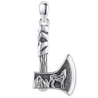 wholesale 925 Sterling Silver Viking Axe Pendant Necklace With Wolf Design-Axe Wolf Without Chain