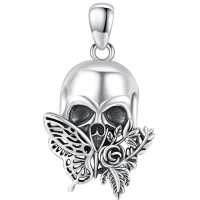 wholesale 925 Sterling Silver Butterfly & Flower Design Pirate Skull Pendant Gothic Necklace for Women and Men-Skull Rose Necklace Without Chain